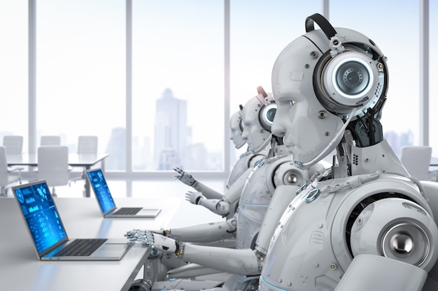 3d rendering humanoid robot working with headset and notebook