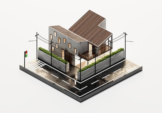 3D Rendering Modern House Isometric View Exterior Background