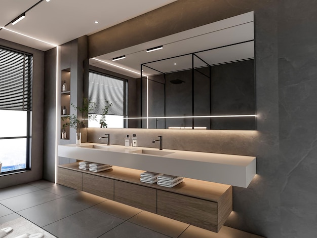 3d Rendering Modern Luxury Bathroom with Double Vanity and LED Lighting