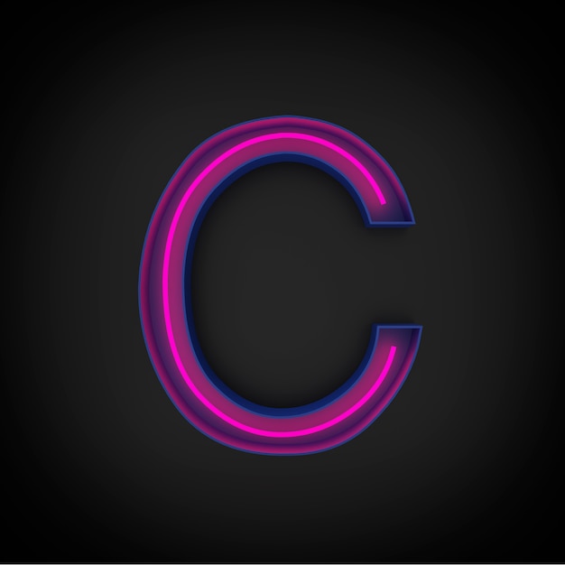 3d rendering, neon red capital letter C lighted up, inside blue letter.