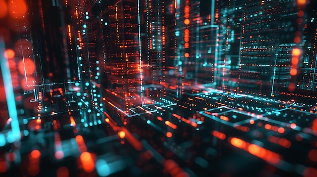 3D rendering of a futuristic city The city is made up of tall buildings and skyscrapers all of which are illuminated by bright lights