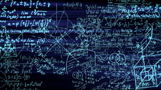 3d rendering of abstract blocks of mathematical formulas located in the virtual space