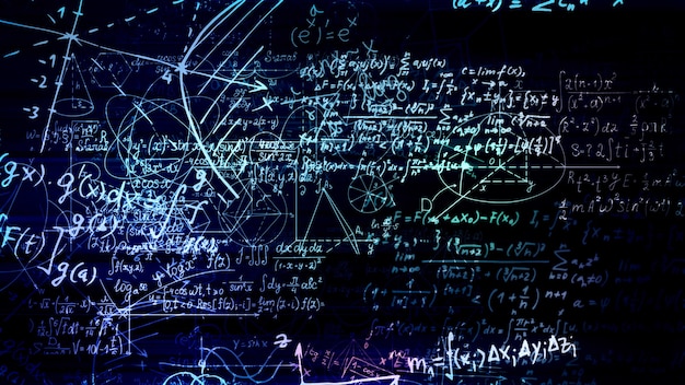 3d rendering of abstract blocks of mathematical formulas located in the virtual space
