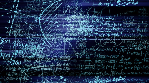 3d rendering of abstract blocks of mathematical formulas located in the virtual space