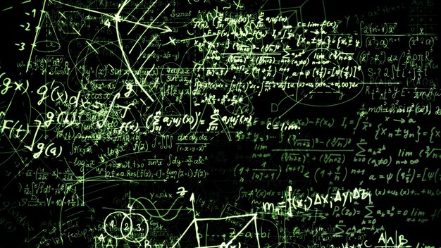 3D rendering of abstract blocks of mathematical formulas located in the virtual space