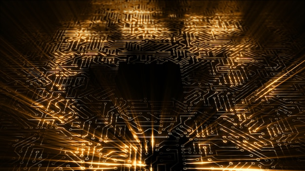 3d rendering of an electrical pulse passing through the circuits of a microcircuit