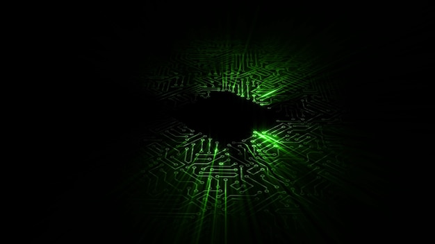 3D rendering of an electrical pulse passing through the circuits of a microcircuit