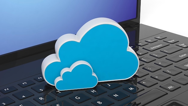 3d rendering of laptops keyboard with backup text and cloud icons closeup background