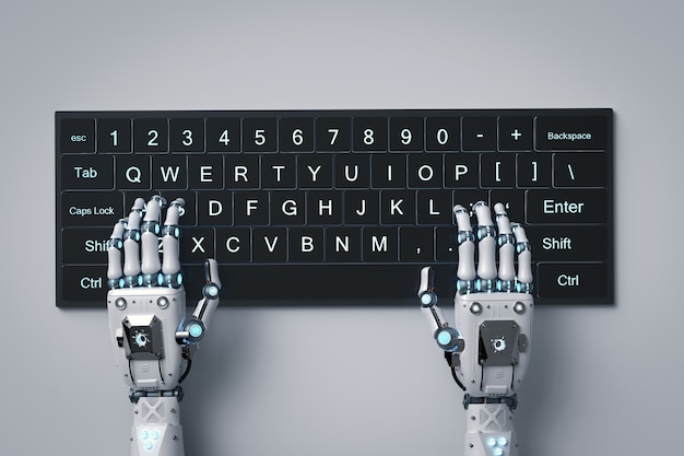 3d rendering robot hand working with computer keyboard
