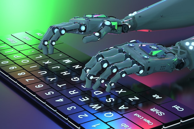 3d rendering robot hand working with computer keyboard