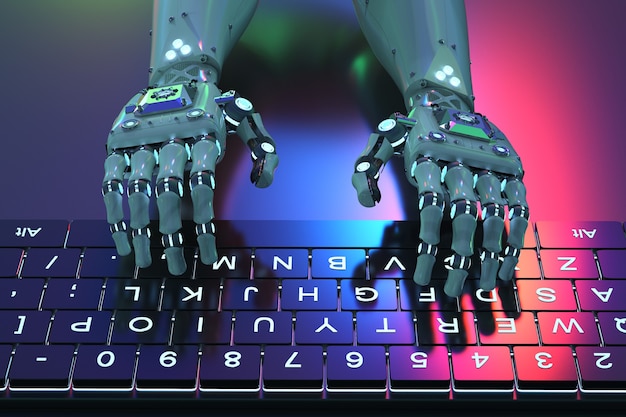 3d rendering robot hand working with computer keyboard