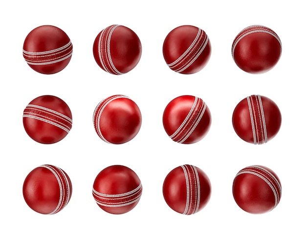 3D Set Of Shiny Test Match Leather Stitched Cricket Balls Pattern White Background 3D Illustration