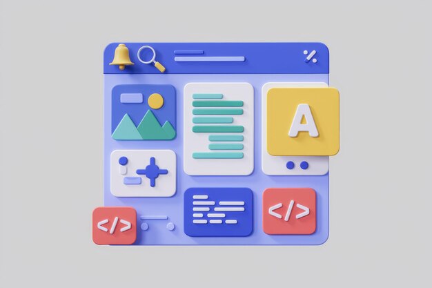 A 3D illustration of a website interface with various icons and elements