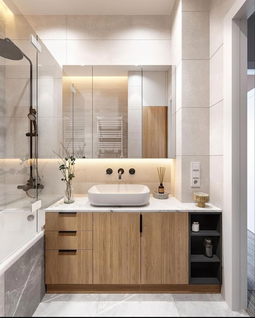 a bathroom with a sink and a faucet with a flower in it