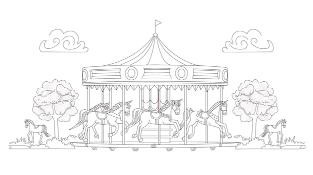 A beautiful carousel with four horses and a unicorn The horses are all different colors and have different saddles