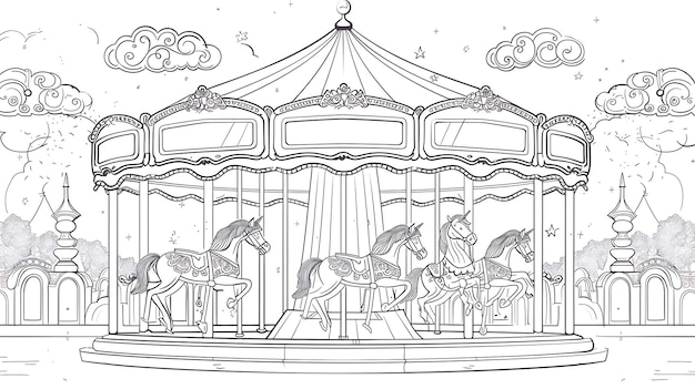 A beautiful carousel with four horses The carousel is decorated with stars and clouds The horses are decorated with flowers