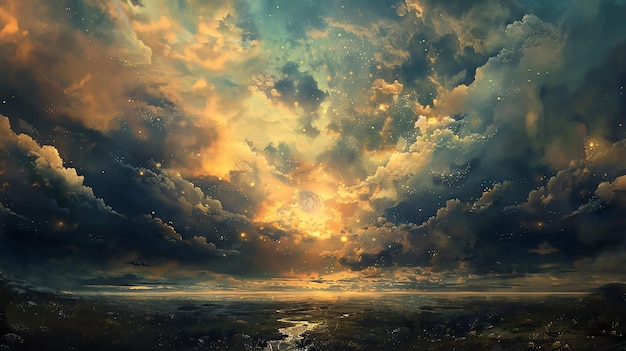A beautiful landscape image of a sunset over a mountain range The sky is ablaze with color and the clouds are fluffy and pink