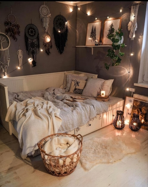 a bed with a white blanket and a wicker basket with a basket on it