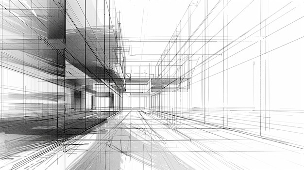 a black and white drawing of a building with a line drawn on it