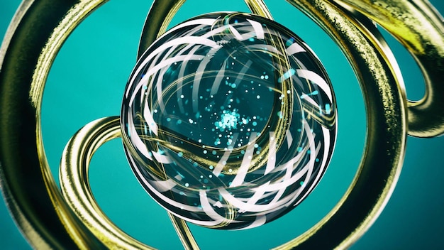 A blue and green background with a glass ball in the center and a gold ring in the middle.