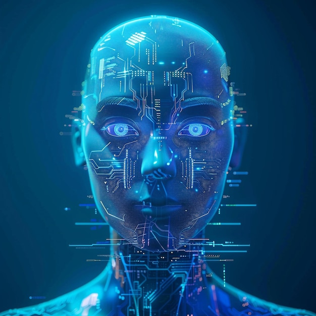 a blue head of a human with a digital display of electronic devices