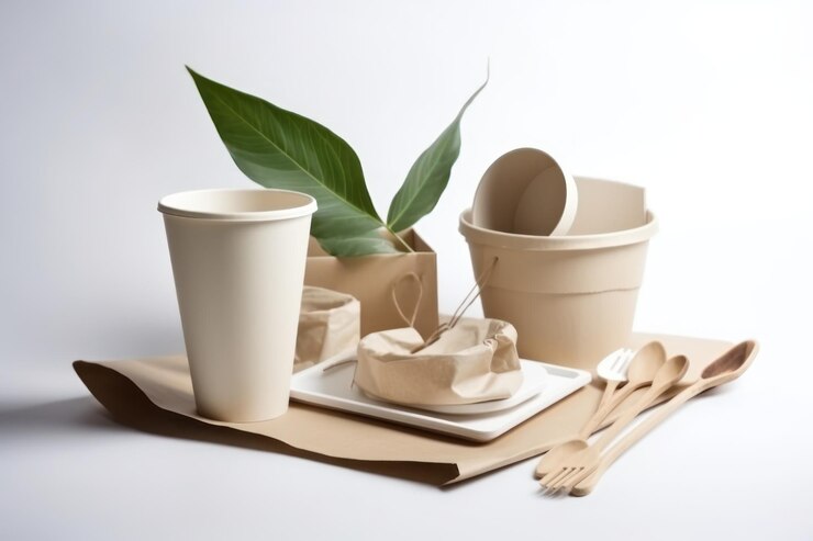 A brown paper cup with a green leaf on it is sitting on a tray.