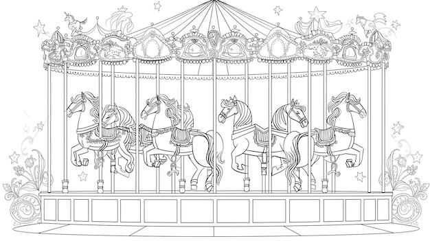 A carousel with four horses The horses are all different colors and have different saddles The carousel is decorated with stars and flowers