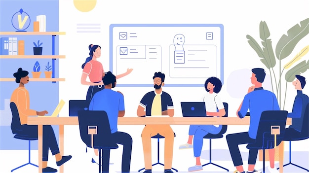 a cartoon of people in a meeting with a board that says  business