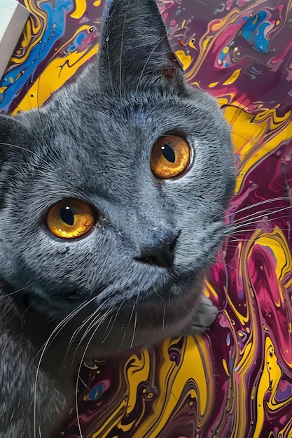 a cat with yellow eyes and a colorful background