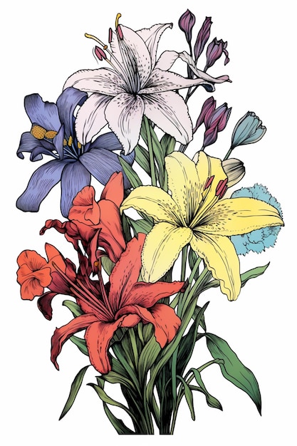 A close up of a bunch of flowers on a white background generative ai