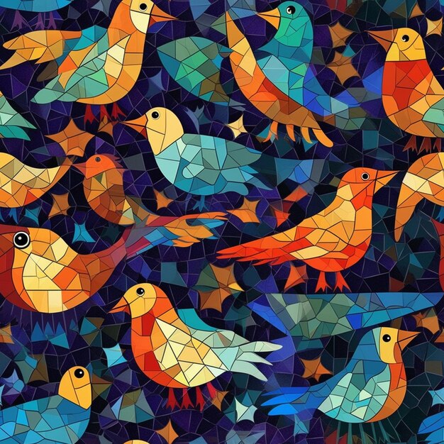 a close up of a mosaic of birds on a blue background generative ai