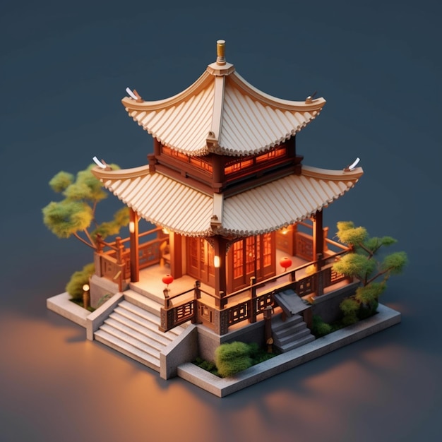 A close up of a small building with stairs and a tree generative ai