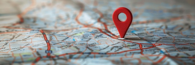 A closeup shot of a red location pin marking a specific point on a detailed city map Generative AI