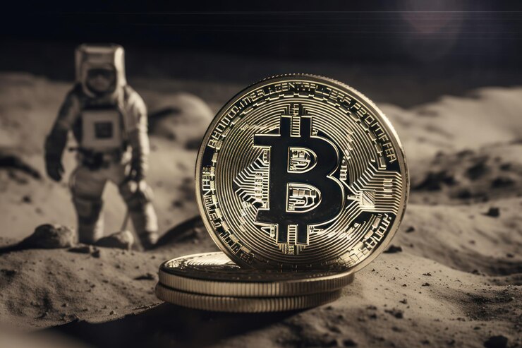 A coin with the letter b on it is on the moon