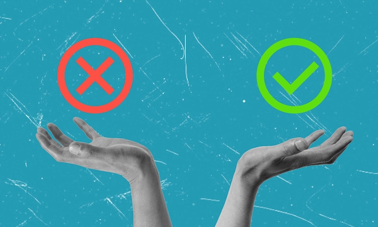 Fotoğraf a composite collage depicting an image the choice to press a checkmark or a cross