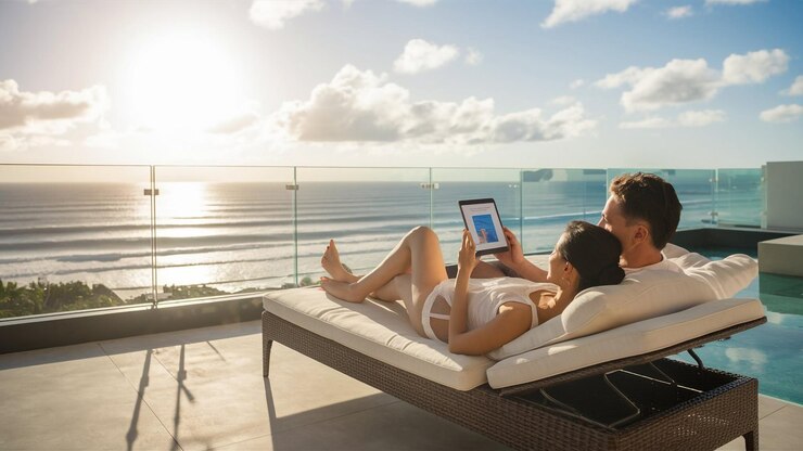 a couple relaxing on a deck with a tablet and the ocean in the background