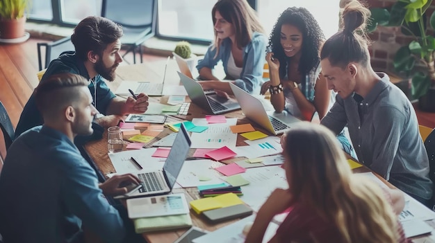 A creative team collaborates in a vibrant workspace engaging in brainstorming and project planning AIG53M