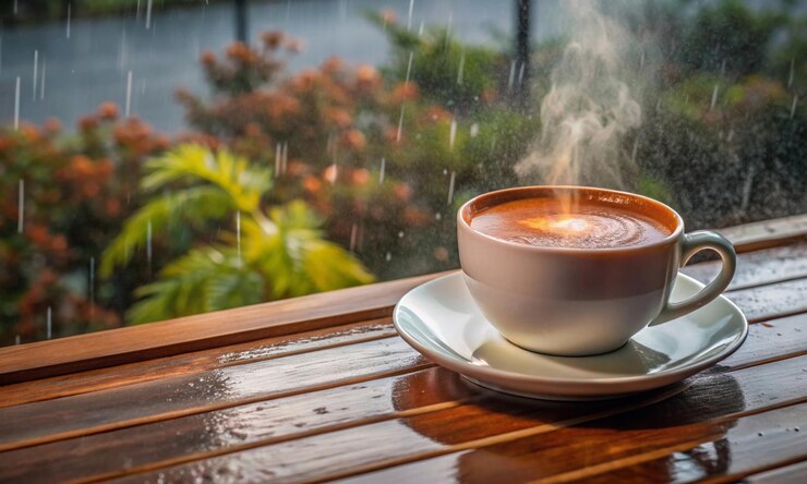A cup of strong hot coffee on a wooden table