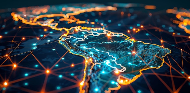 A digital map of South America with glowing connections between cities representing the global