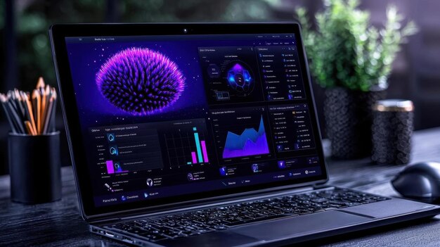A digital workspace with an interactive dashboard showing various eLearning courses progress and achievements