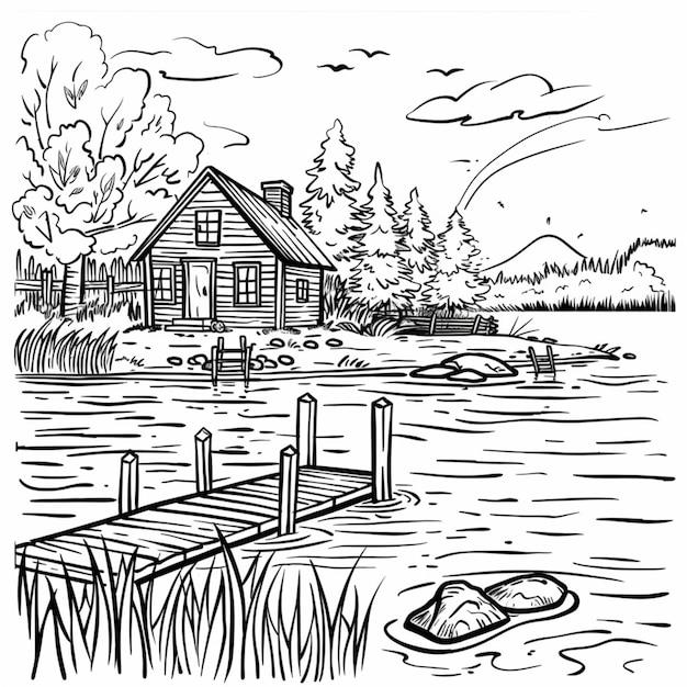 a drawing of a cabin on a lake with a boat in the water