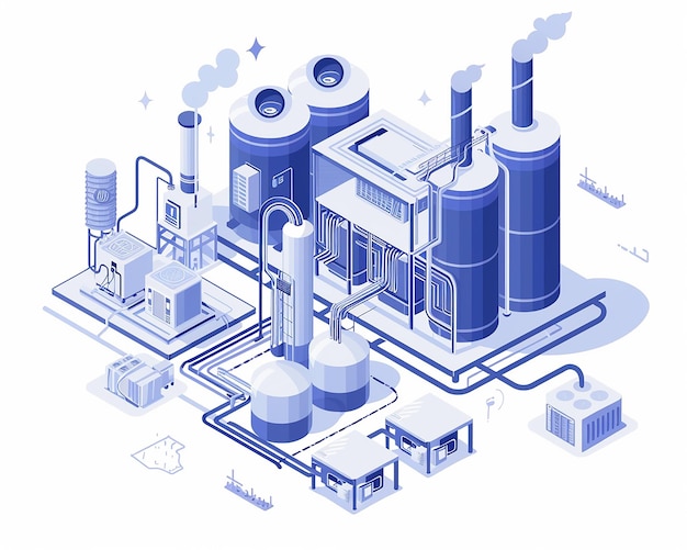 a drawing of a factory with a blue and white background