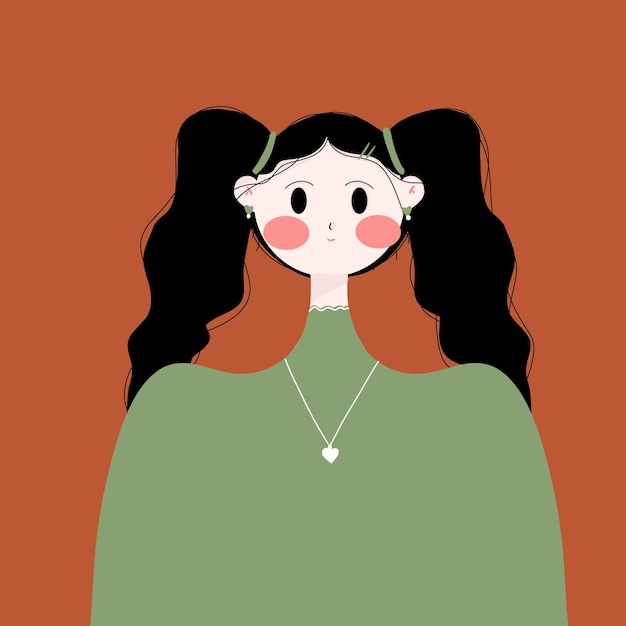 a drawing of a woman with a green shirt that says she is wearing a necklace
