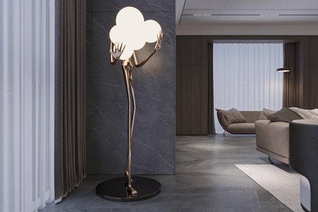 a floor lamp shaped like a person holding a cloudshaped light stands in the living room