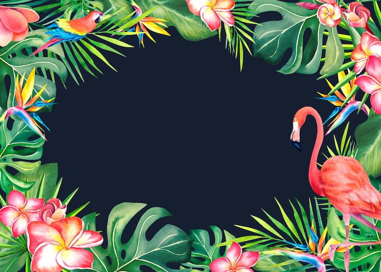 Fotoğraf a frame made of palm leaves plumeria strelitzia and flamingostropical plants carnival in brazil summer mood watercolor illustration banner