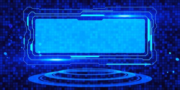 A futuristic blue holographic interface with glowing outlines on a digital grid with a concept of technology 3D Rendering
