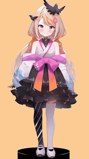 a girl in a black and white dress with a bat on her shoulder generative ai image