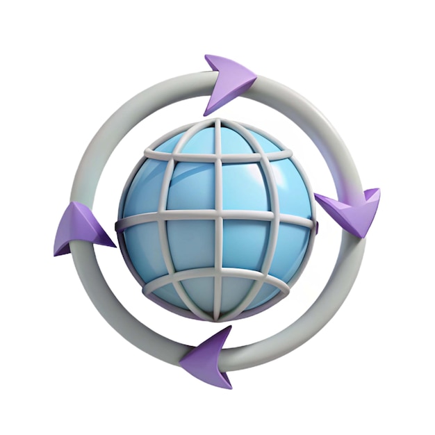 a globe with purple arrows on it and the word world on the bottom