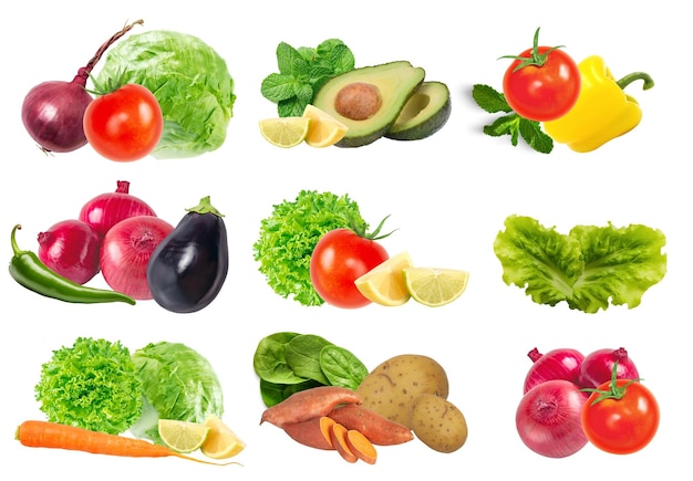 a group of different kinds of vegetables including tomatoes bell peppers and apples representing natural foods and vegan nutrition