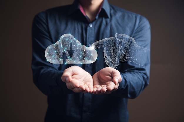 A hand from the web clicks on cloud storage